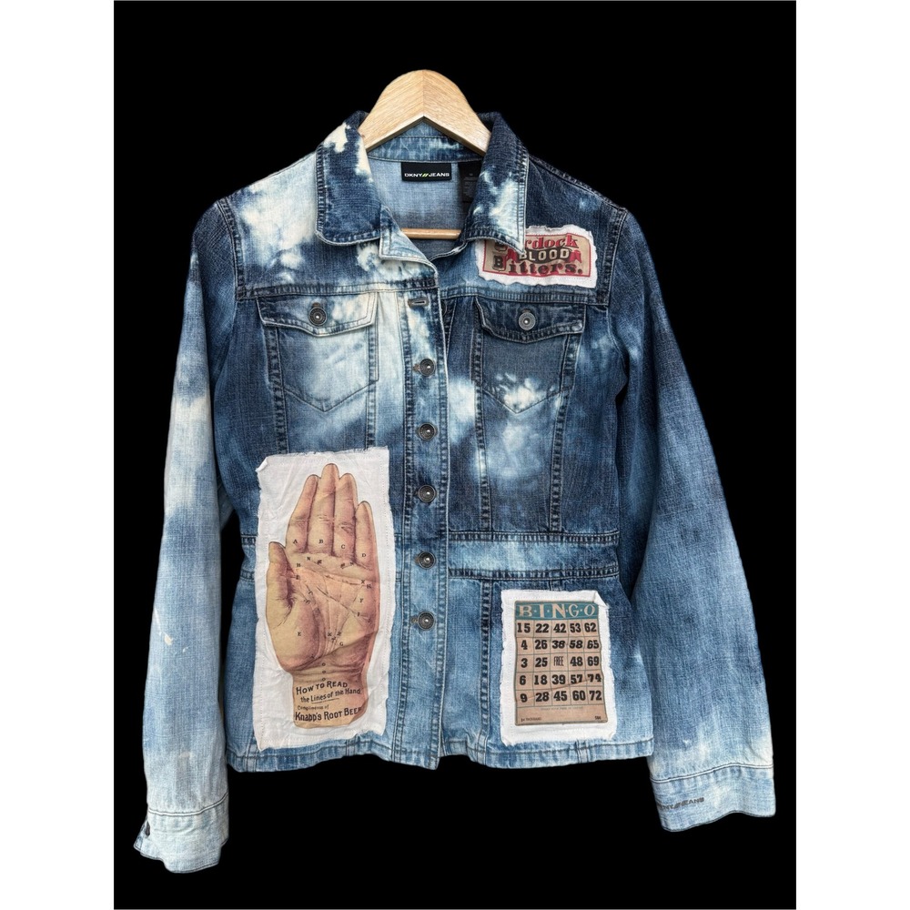 DKNY‎ size M Distressed Jean Jacket w Palmistry, Bingo & Moon Clown Patches